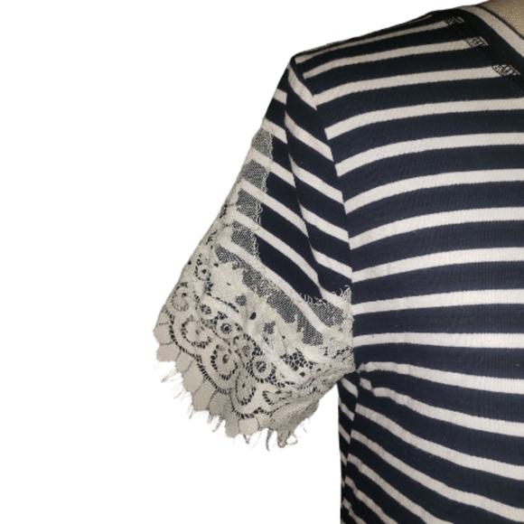 Umgee Black White Stripes Floral Lace Trim Scoopneck Pockets Mini Shift Dress M - Picture 7 of 16